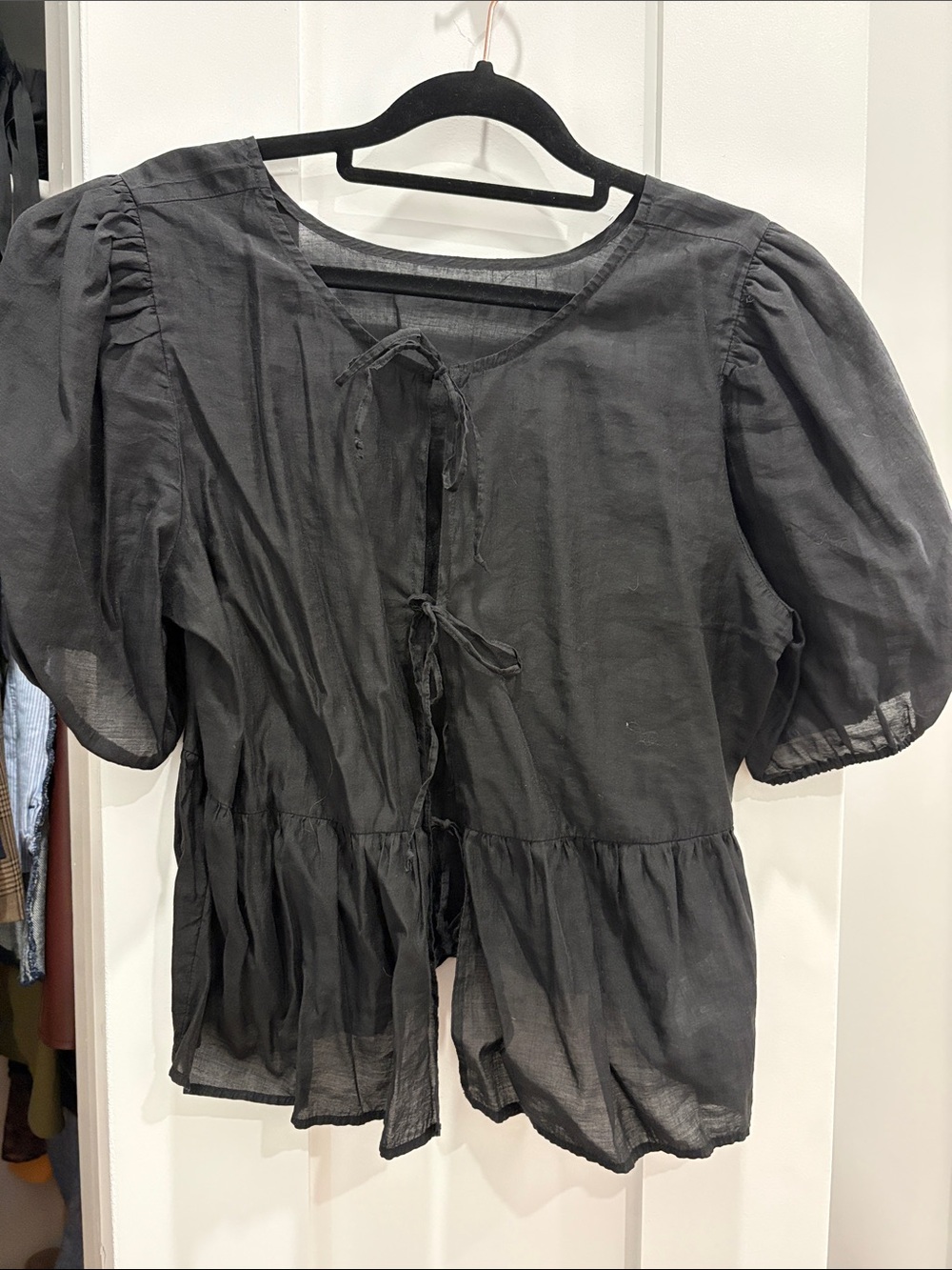 American Eagle Outfitters Black Tie-Front Puff Sleeve Peplum Blouse